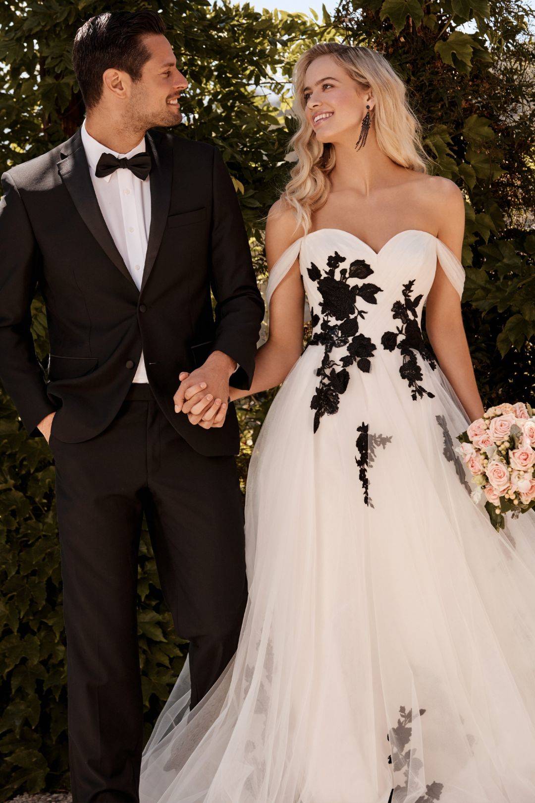 black and white wedding dresses off the shoulder aline