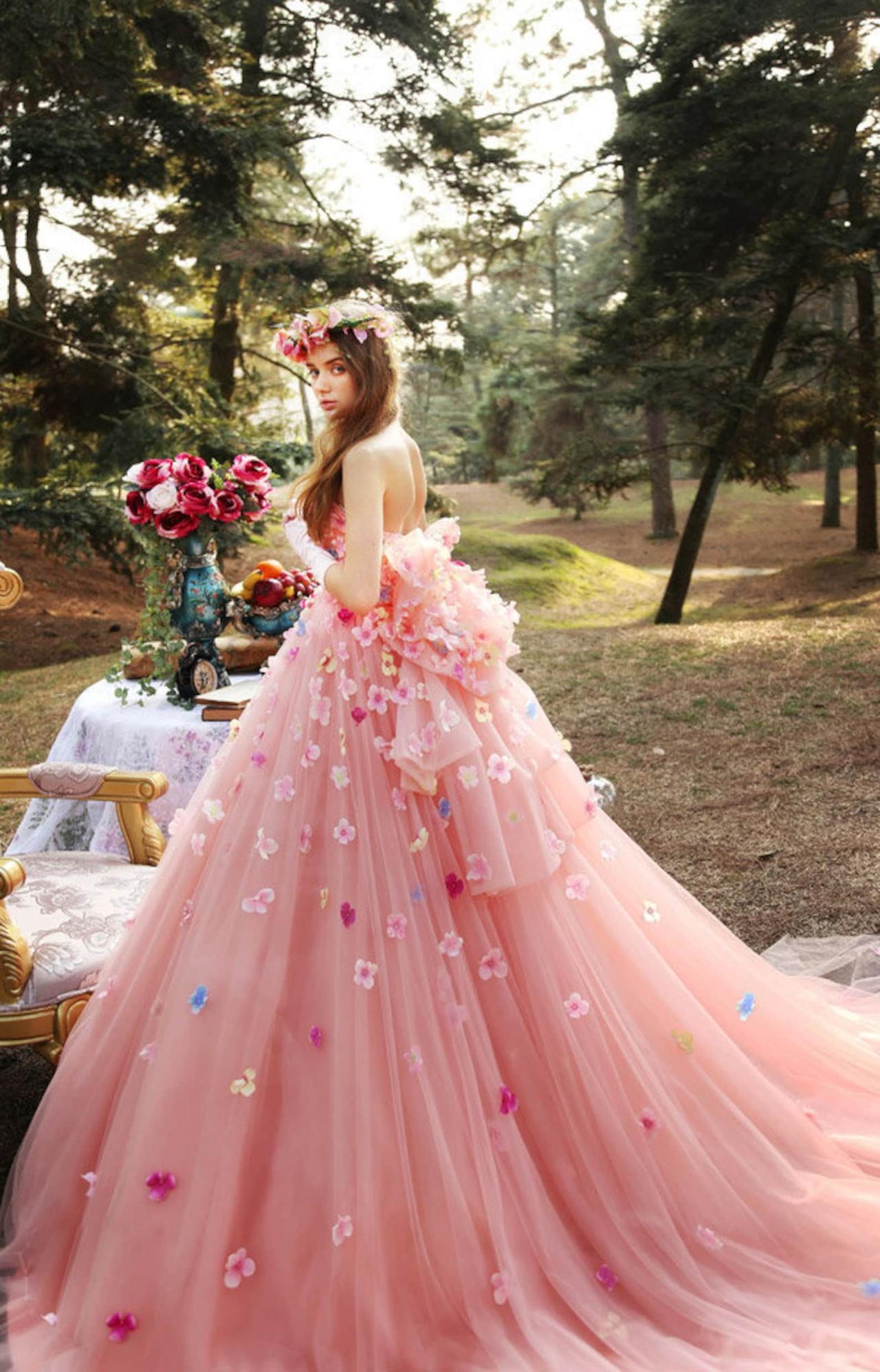 pink floral tulle wedding dress