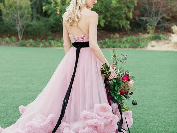 pink tulle wedding dress with black belt | Deer Pearl Flowers