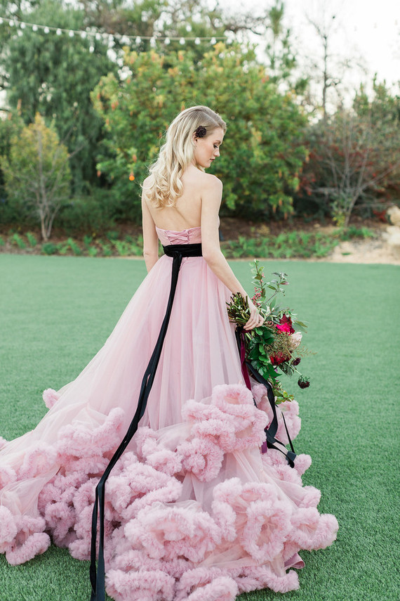 pink tulle wedding dress with black belt