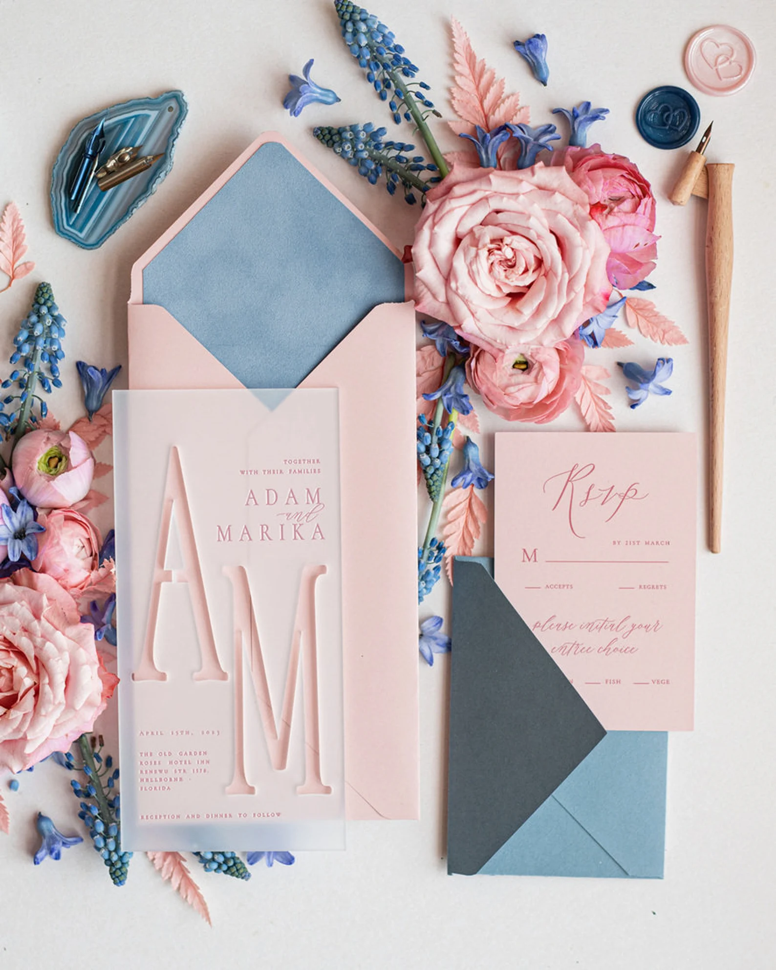 Acrylic Frozen dusty blue velvet wedding invitation set