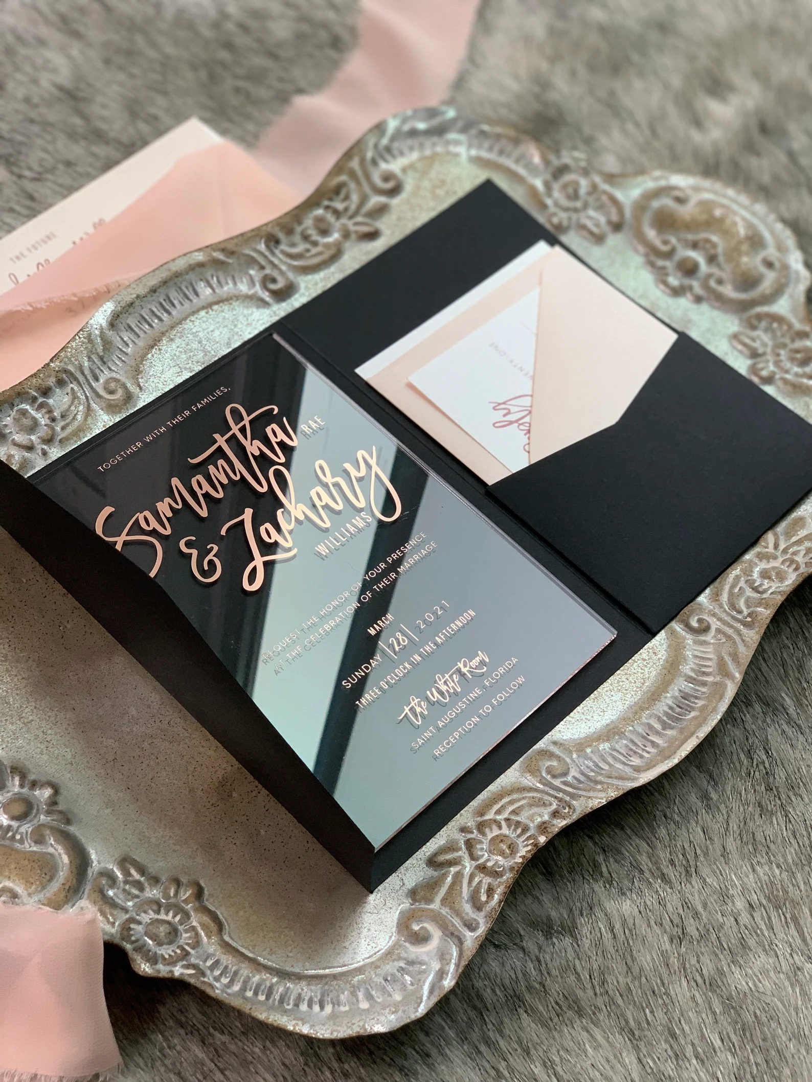 Black and Rose Gold Acrylic Wedding Invitation Suite