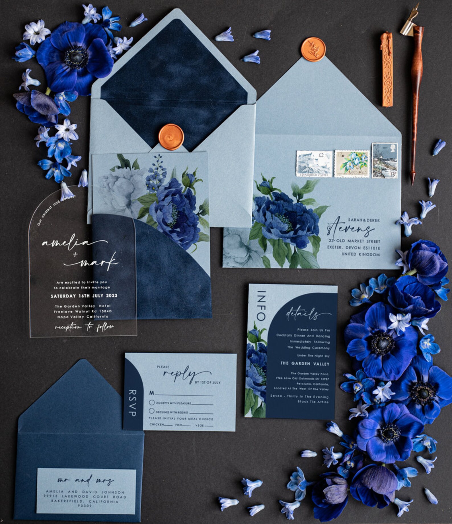 Ice blue Arch Acrylic Wedding Invitations with Velvet Pocket