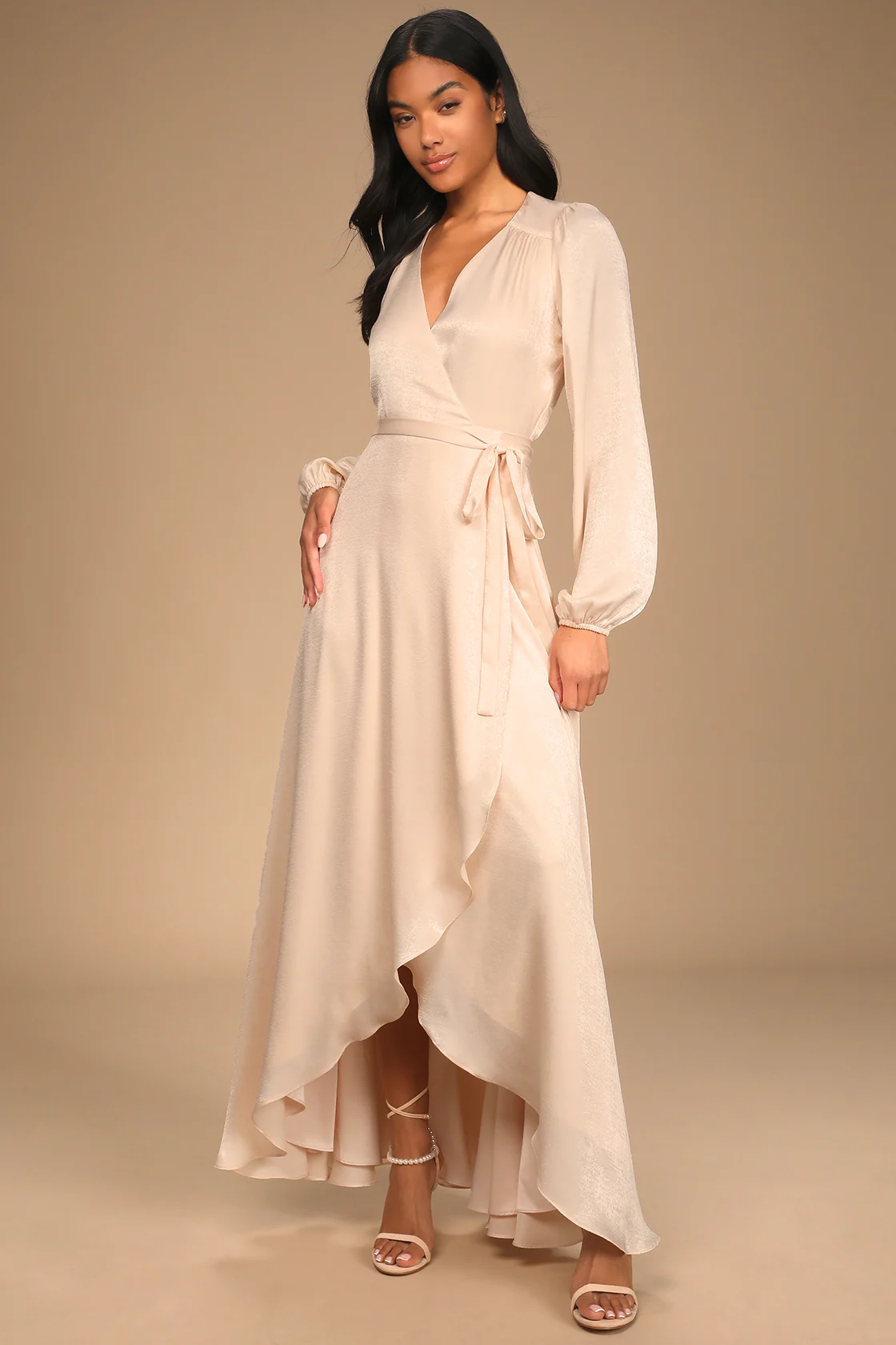 Endless Moments Light Peach Satin Long Sleeve Wrap Maxi Dress