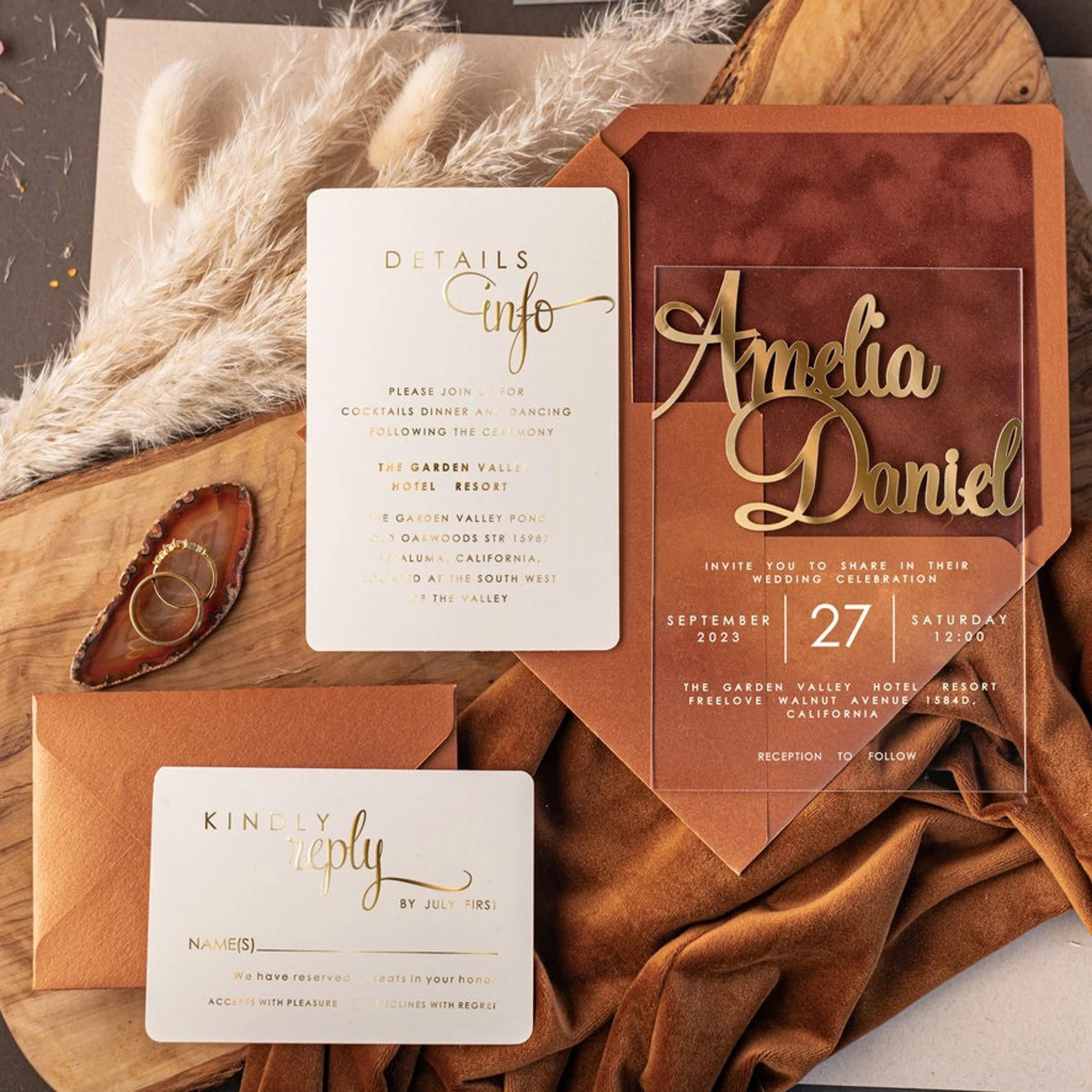 Luxury Terraccota Gold Acrylic Wedding Invites