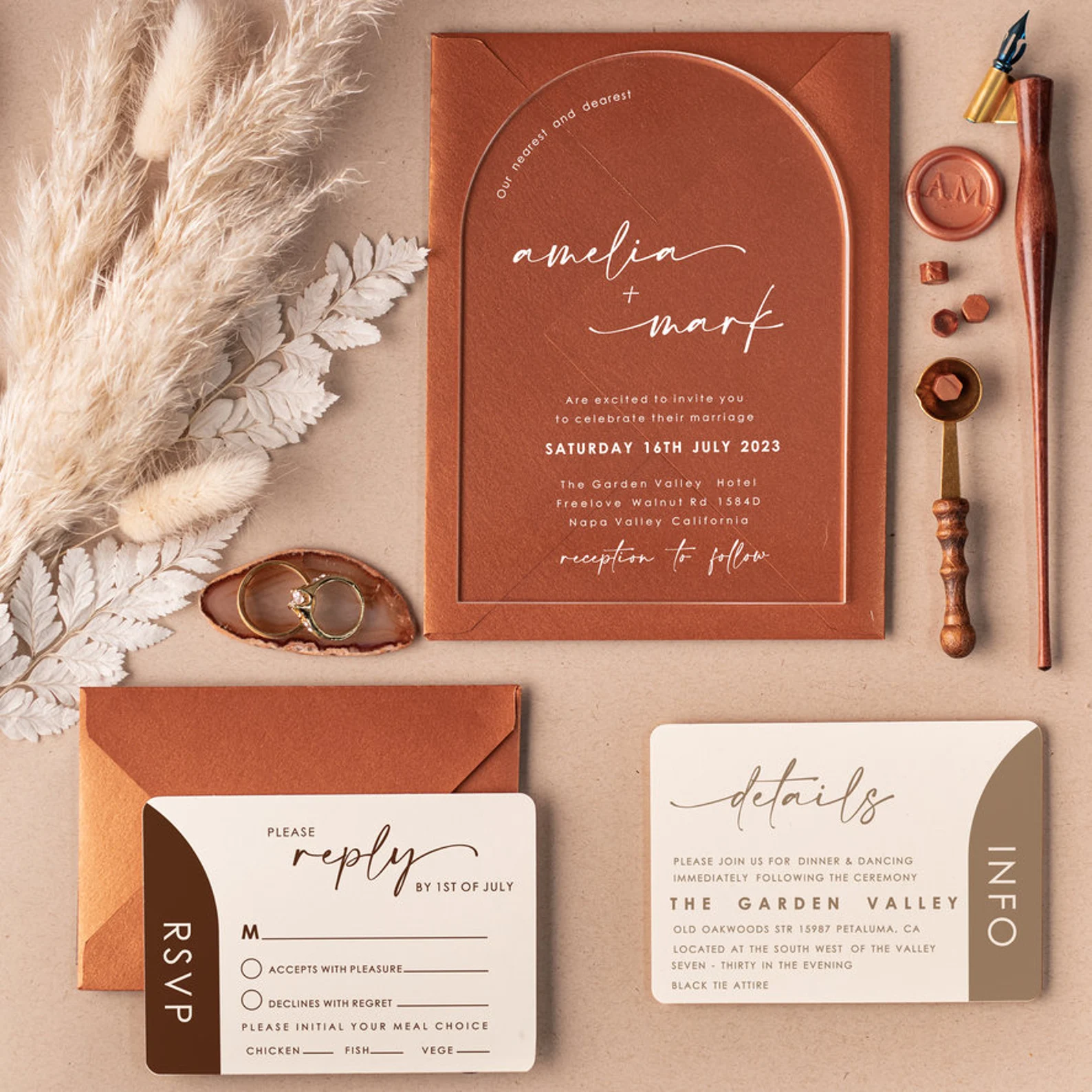 Modern Terraccota Arch Acrylic Wedding Invitations