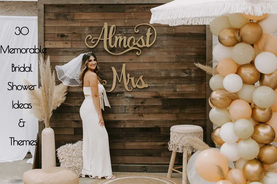 rustic wooden backdrop and gold balloons bridal shower theme idea