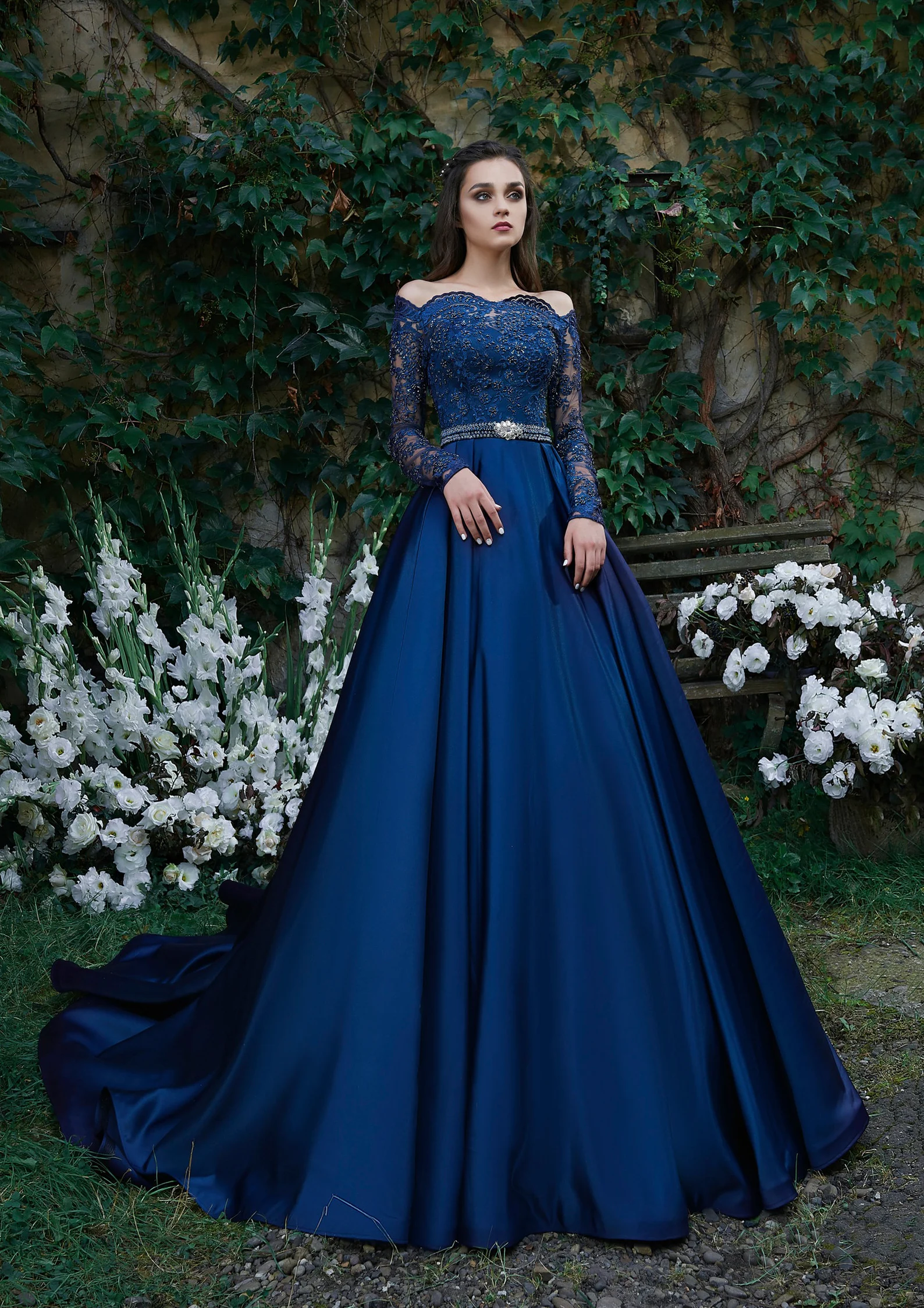 Long Off Shoulder Dark Royal Blue Wedding Dress