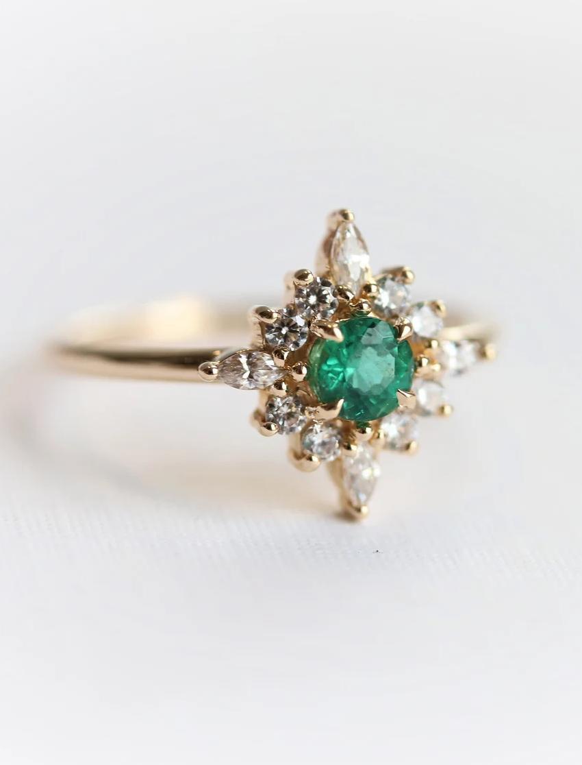 Natural Emerald and Diamond Snowflake Halo Engagement Ring
