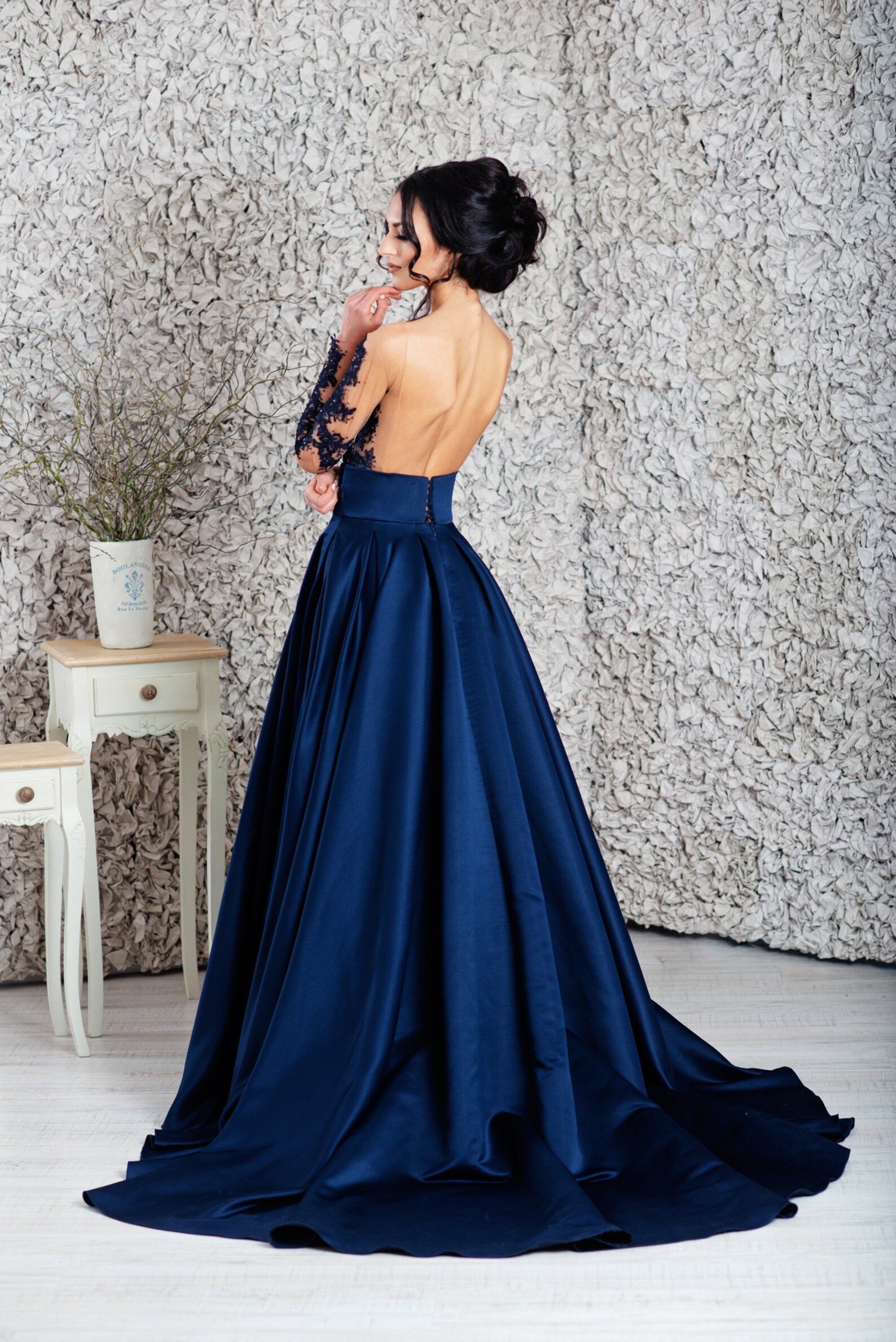 Navy blue empire wedding dress with long sleeves