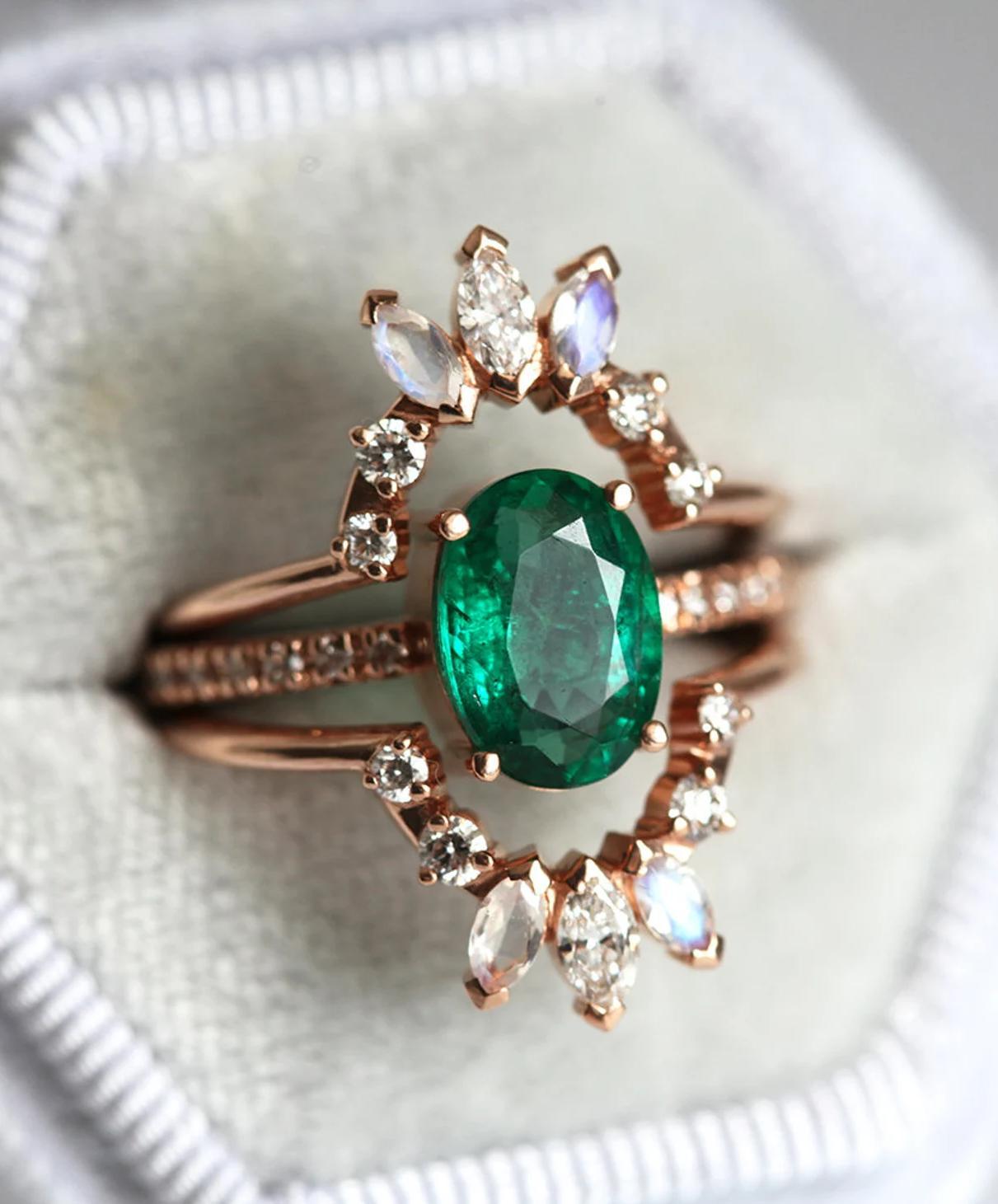 Oval Rose Gold Emerald Engagement Ring with Diamonds