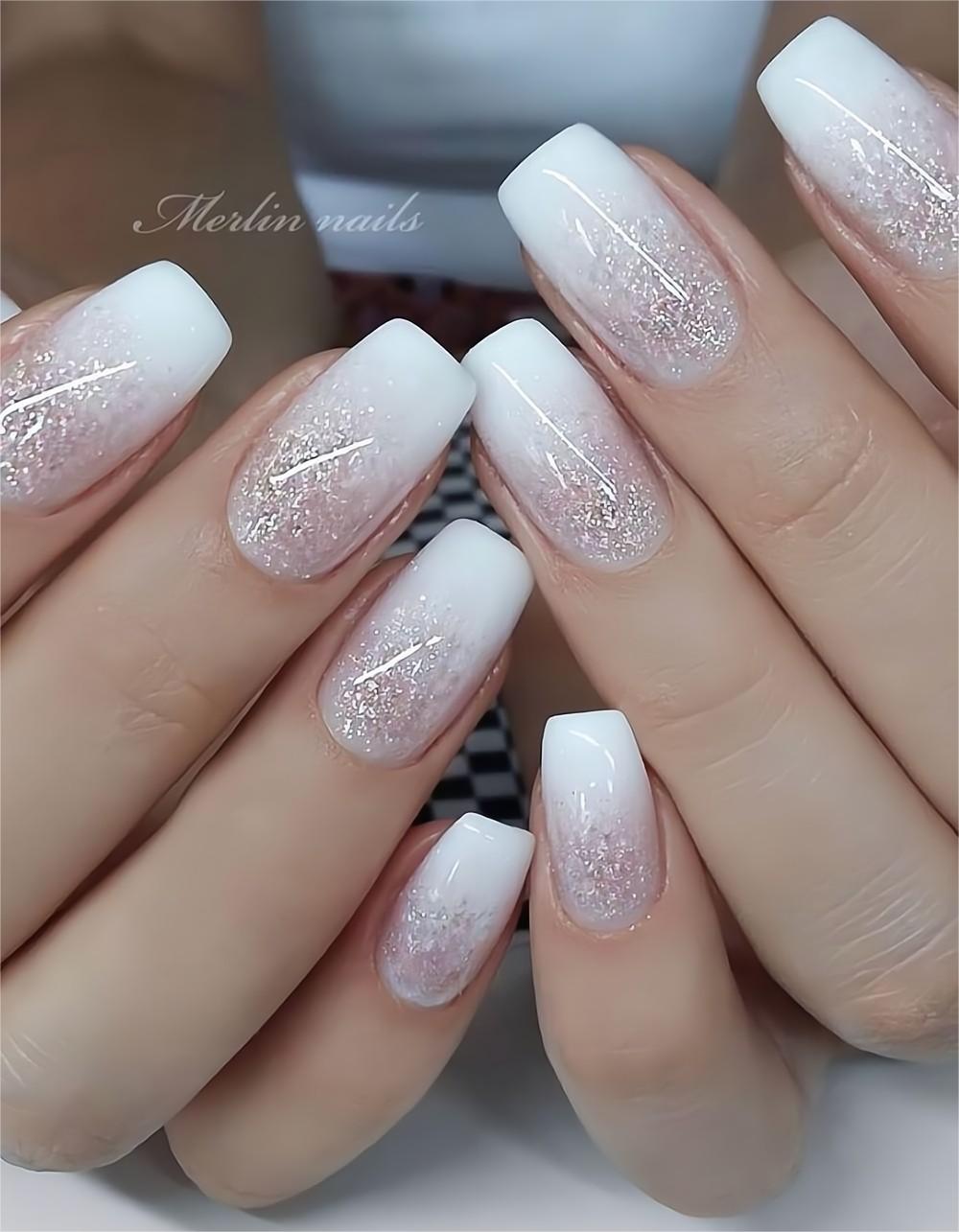 White Glitter Ombre Wedding Nail Art