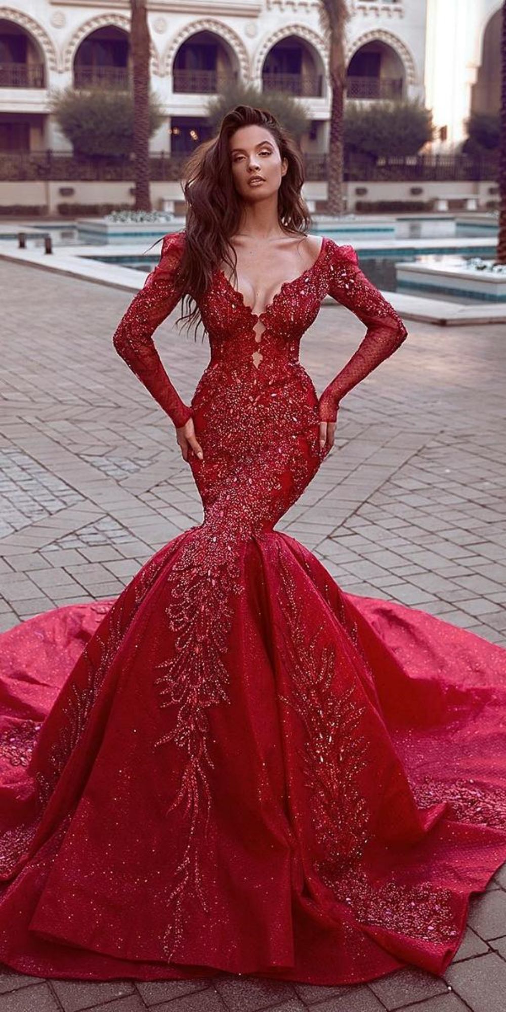 blood red wedding dresses mermais with long sleeves sequins