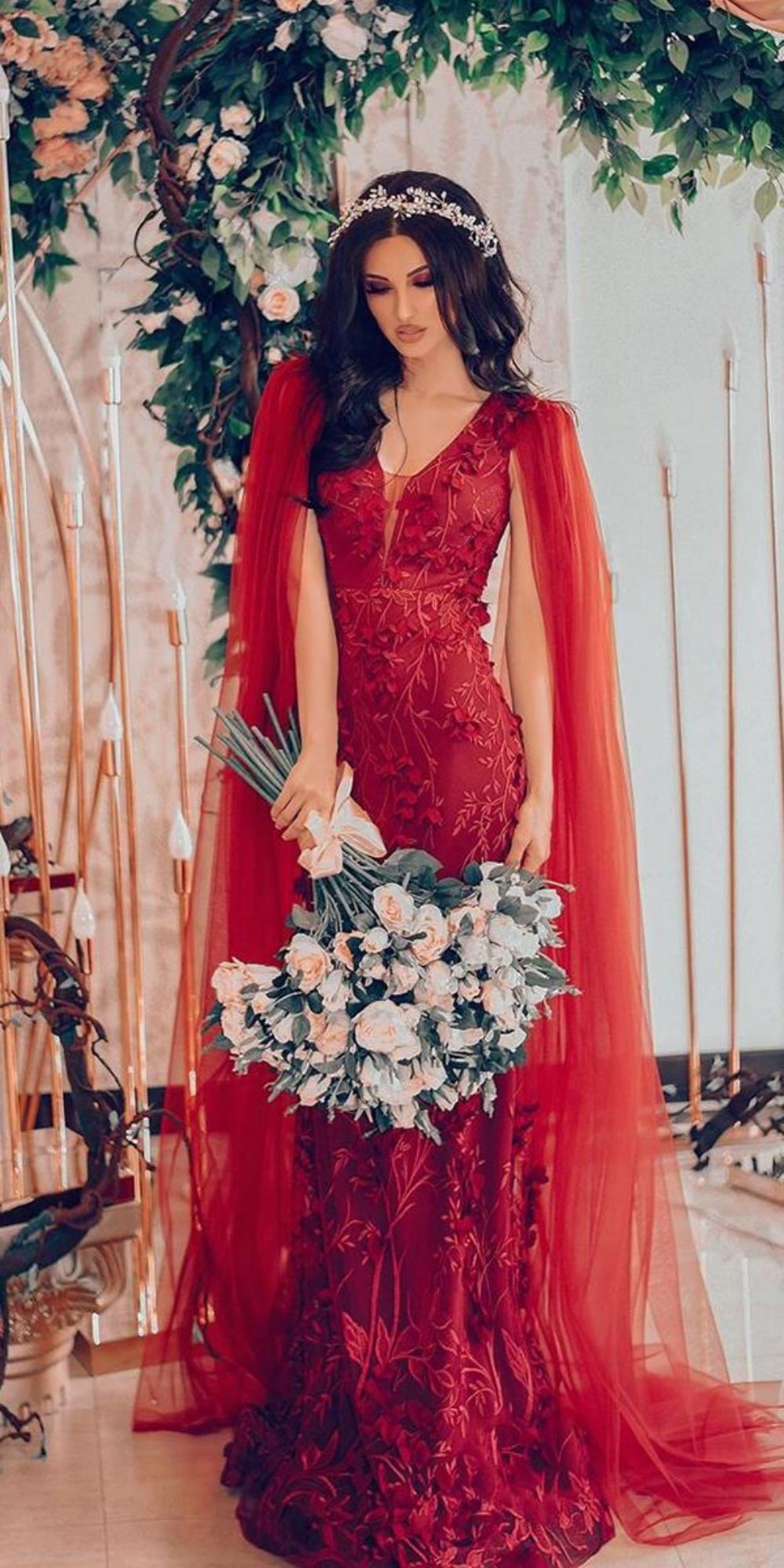 blood red wedding dresses sheath floral appliques with cape