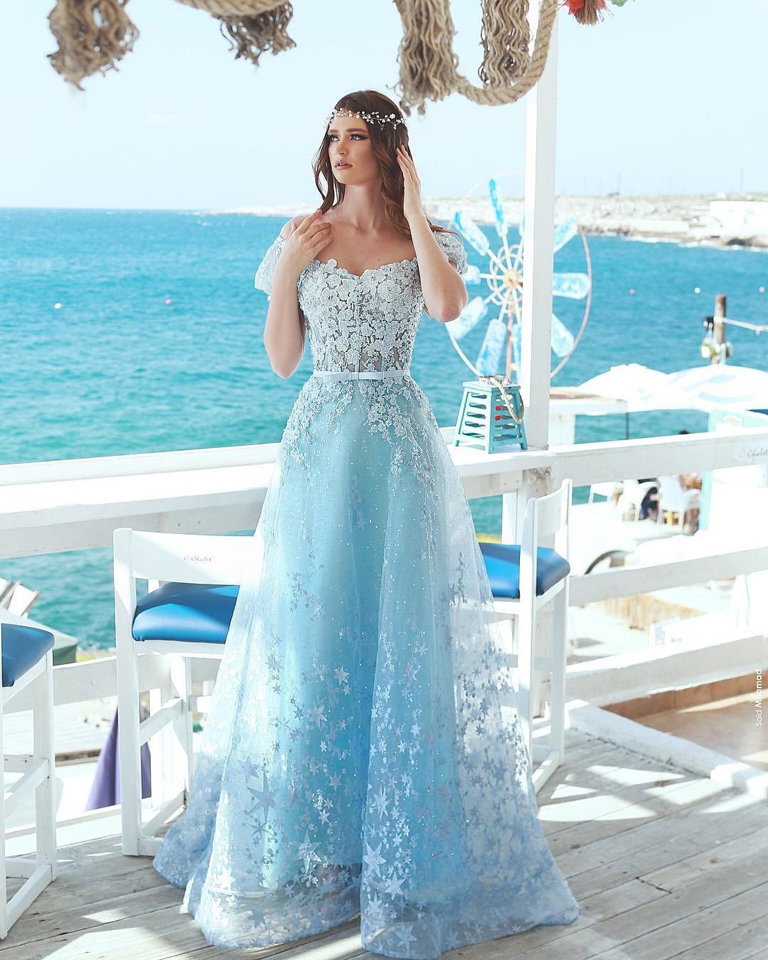 blue wedding dresses a line with cap sleeves floral appliques
