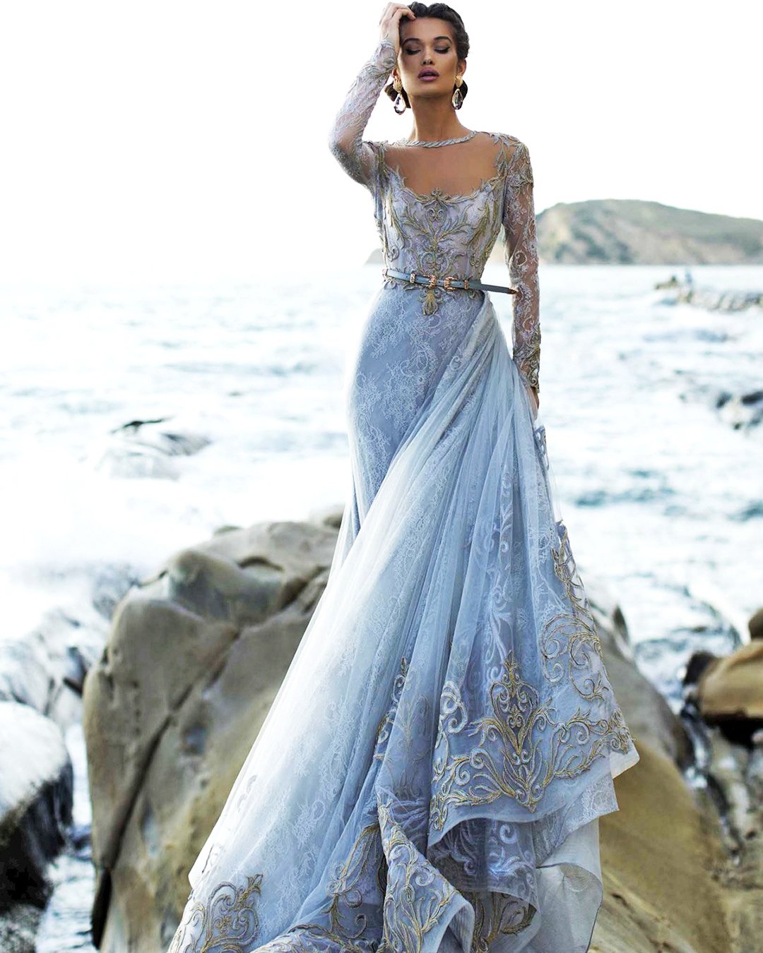 blue wedding dresses a line with long sleeves lace