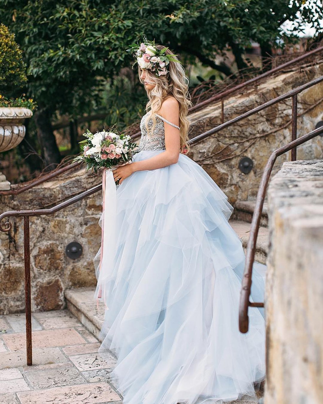 blue wedding dresses ball gown ruffled skirt sequins top
