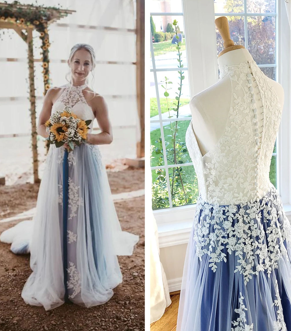 halter white and blue lace wedding dress