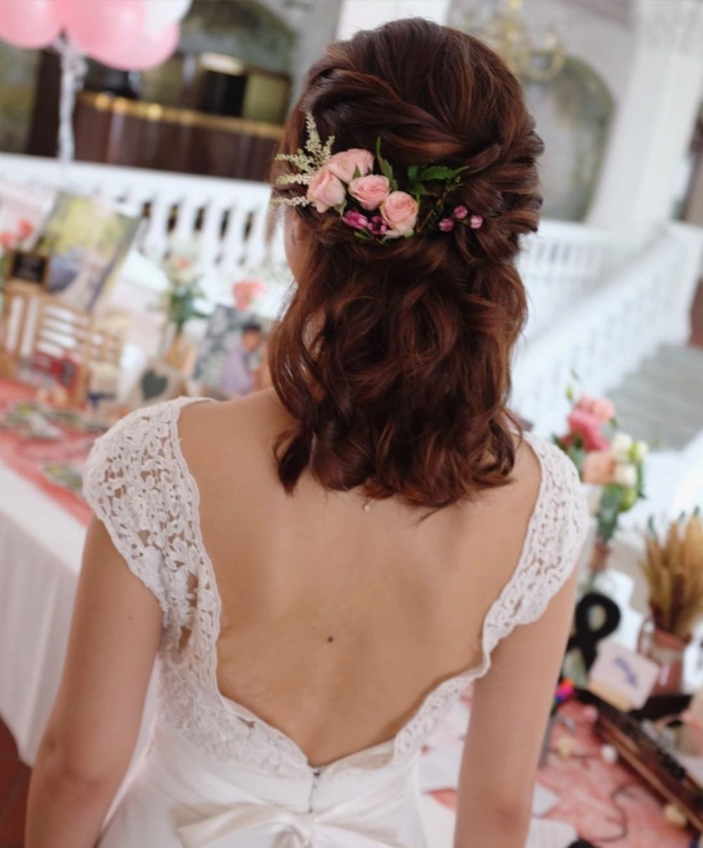 medium length wedding hairstyle with flowers