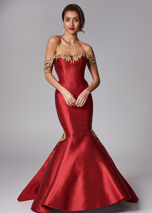 mikado red fishtail wedding dress with gold lace applique and draped sleeves