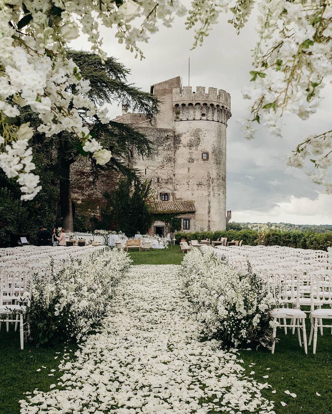 modern fairytale all white wedding ceremony decor