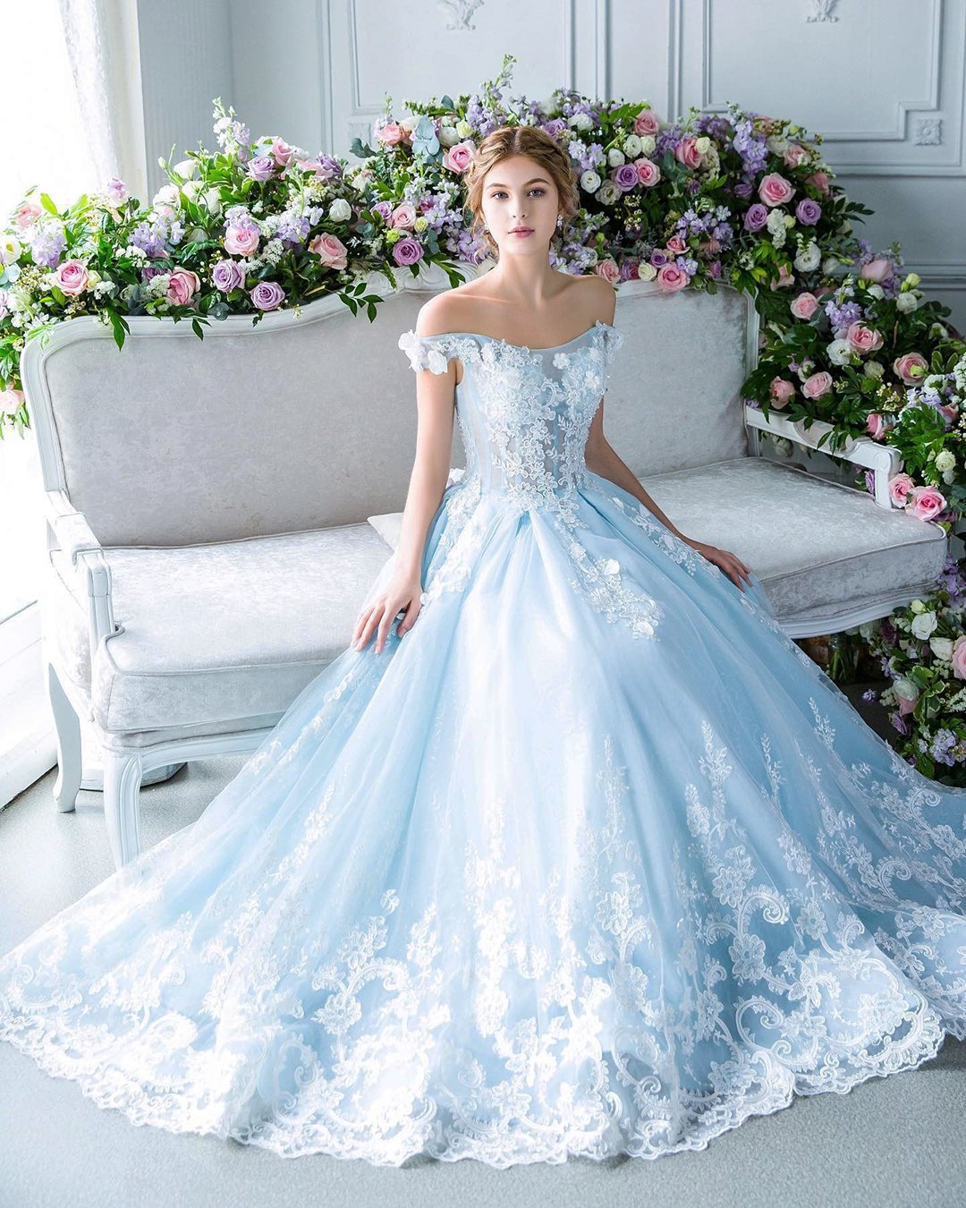 off the shoulder blue wedding dresses ball gown