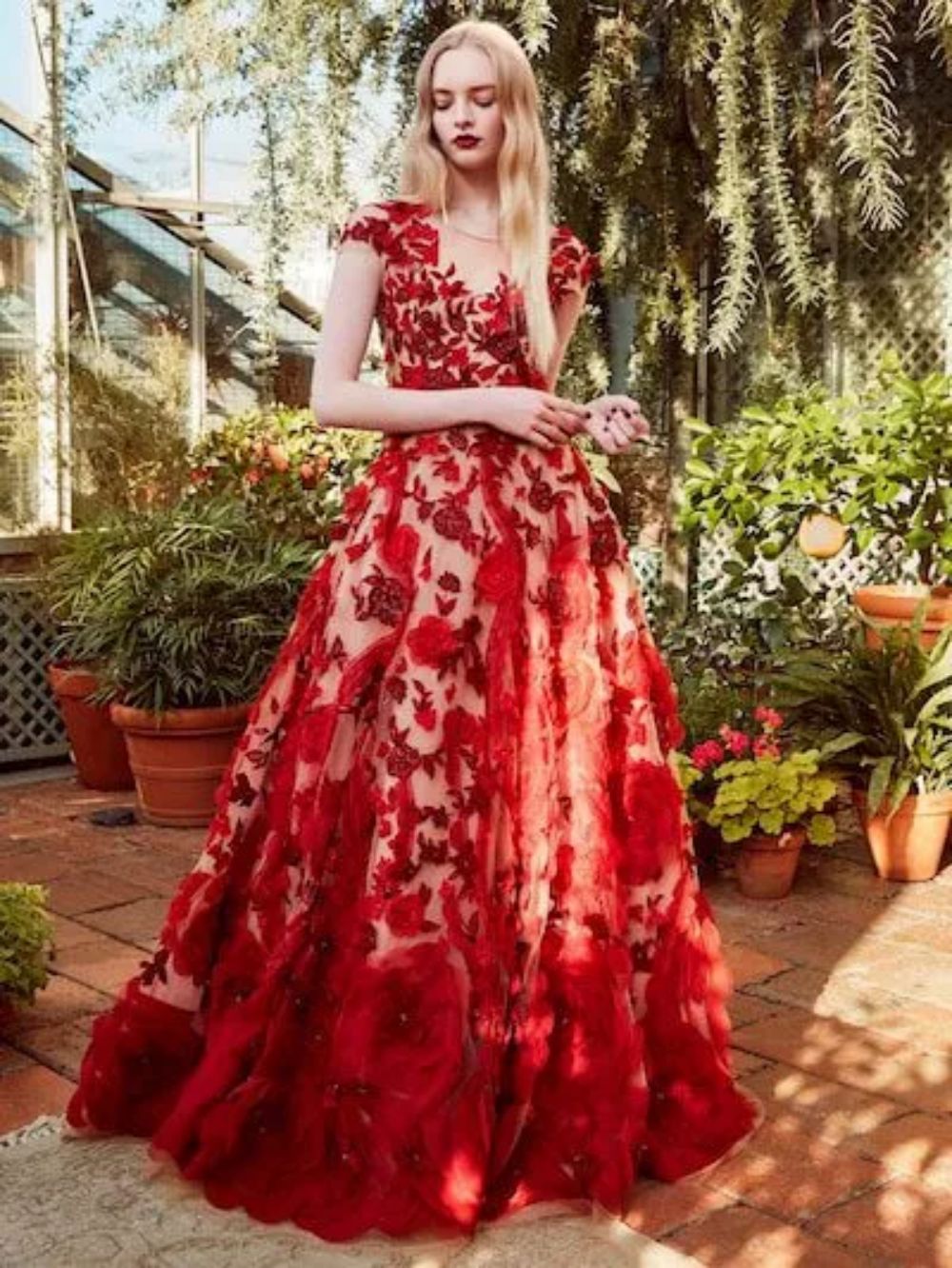 red wedding dress with floral under lay