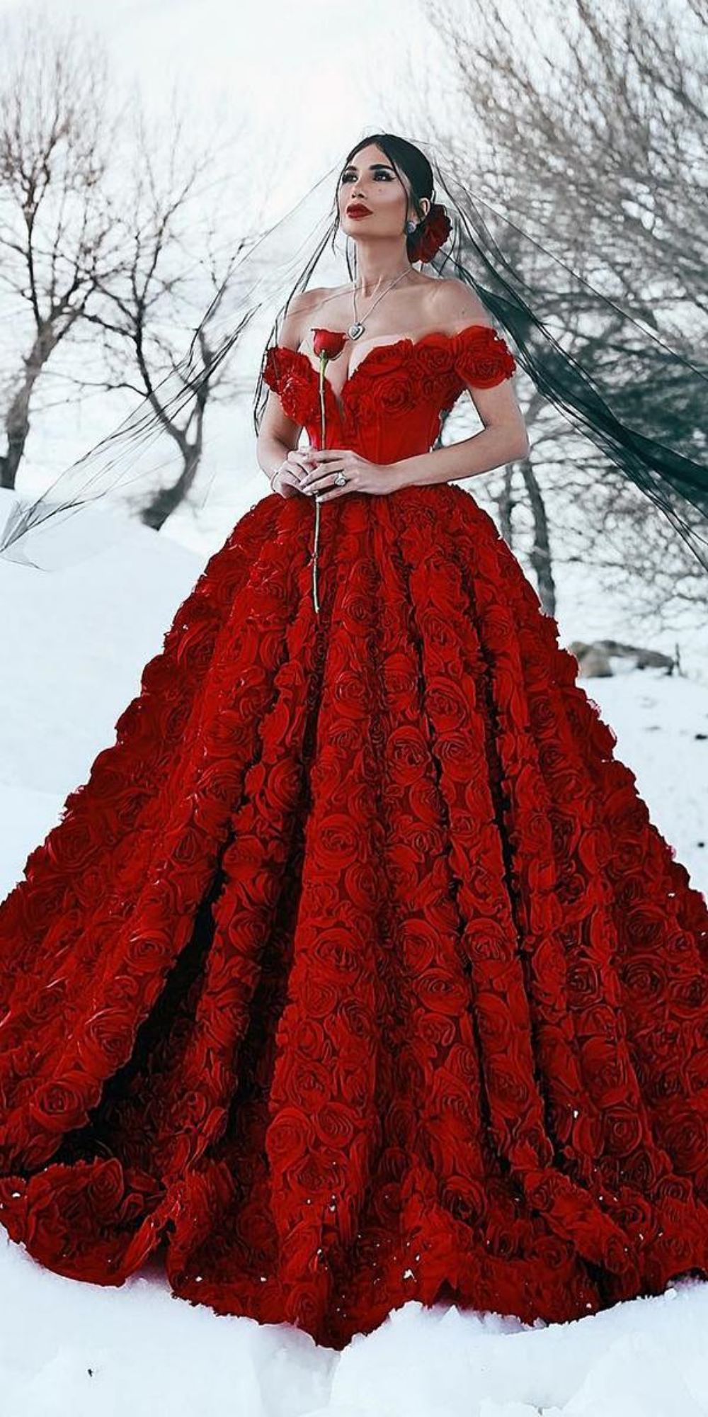 red wedding dresses ball gown off the shoulder floral 3d