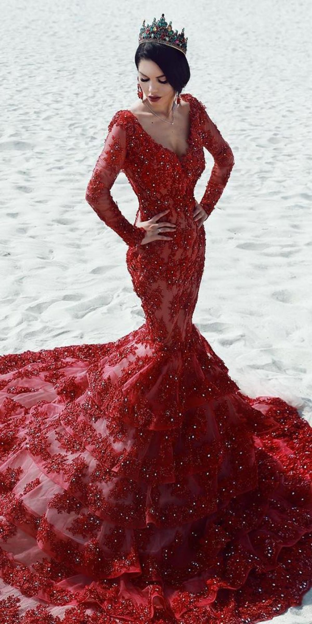 red wedding dresses mermaid with long sleeves v neckline lace