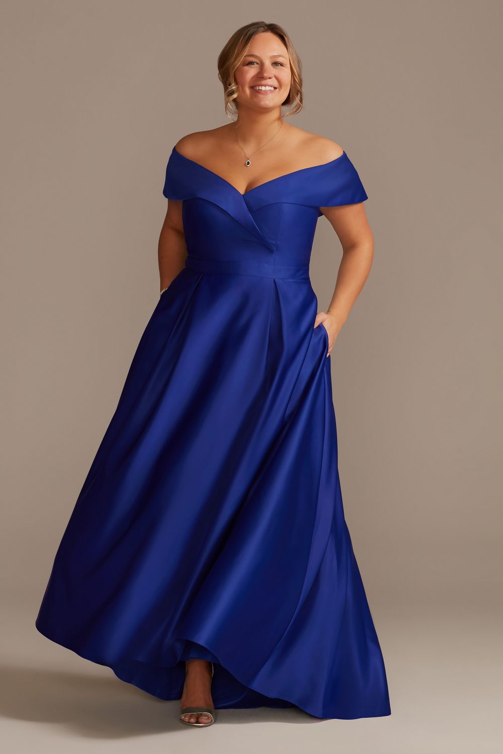 royal blue sweetheart off-the-shoulder satin ball gown wedding dress