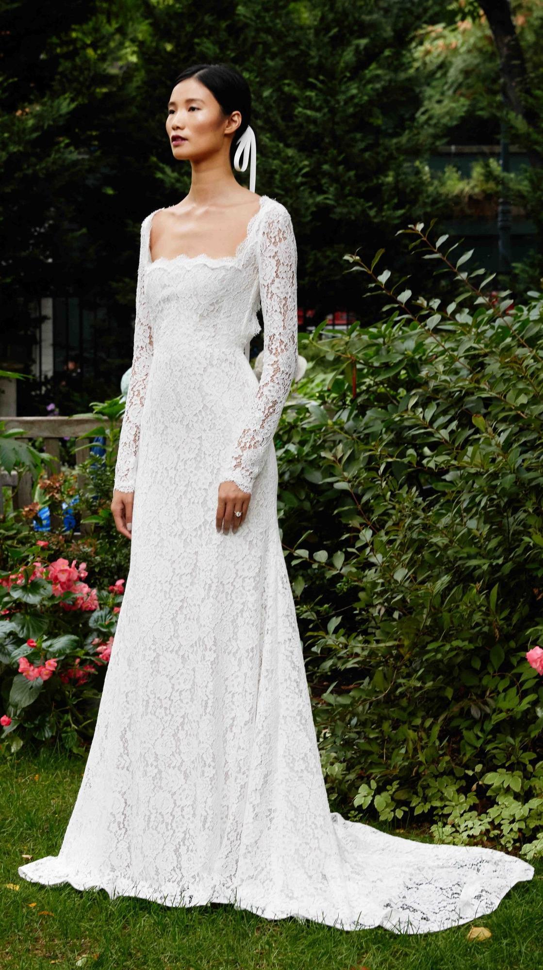 simple lace wedding dresses with a line long sleeve and square neckline