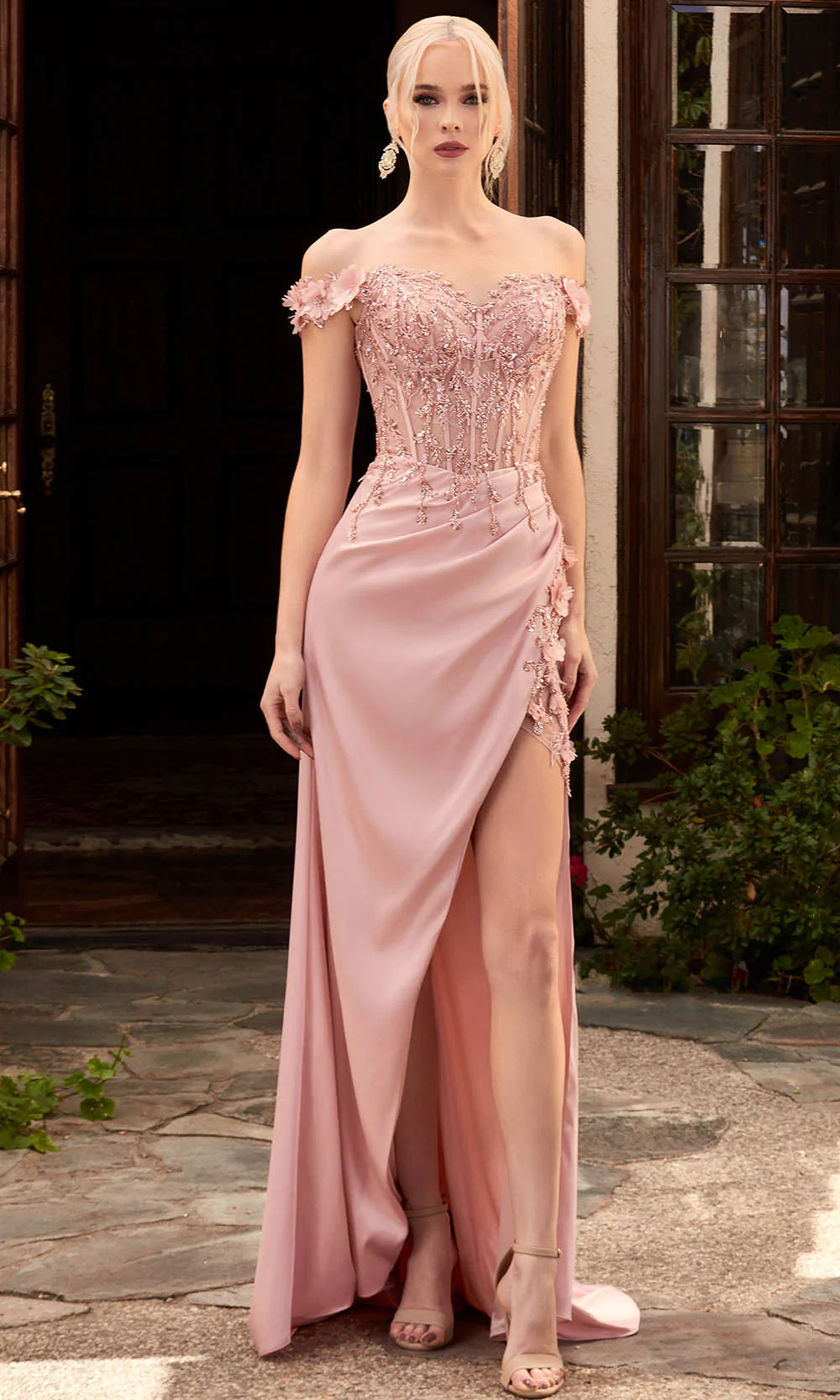 blush mermaid prom dress with off the shoulder applique corset