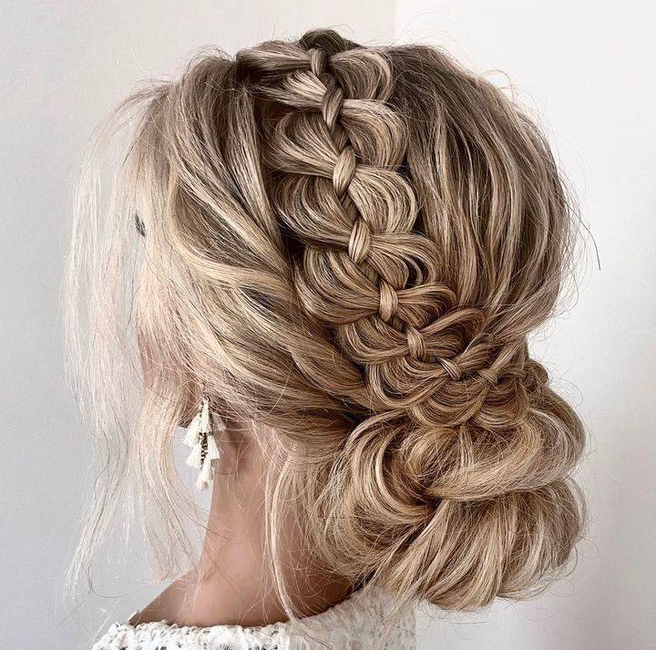 fishtail braid wedding updo messy