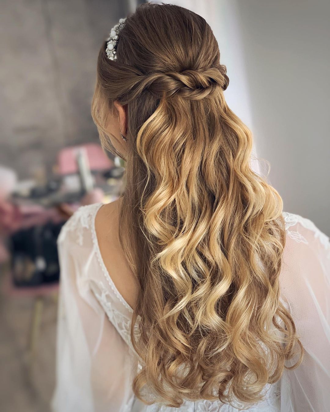 half up half down bridesmaid hairstyle for long hair