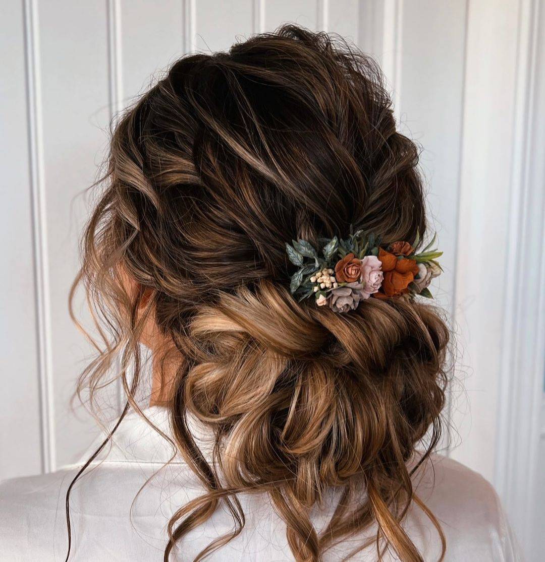 messy wedding updo with fall flowers jocelyn