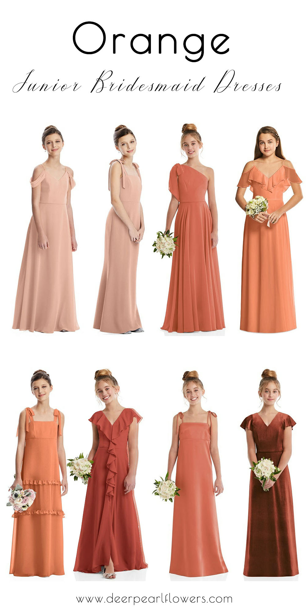 sunset orange rust copper orange junior bridesmaid gowns