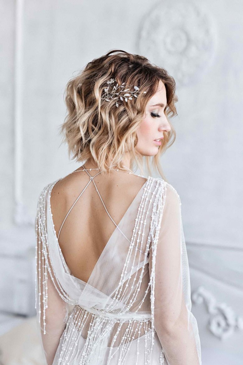 Accessorised Asymmetrical Curly Bob Wedding Hairstyle