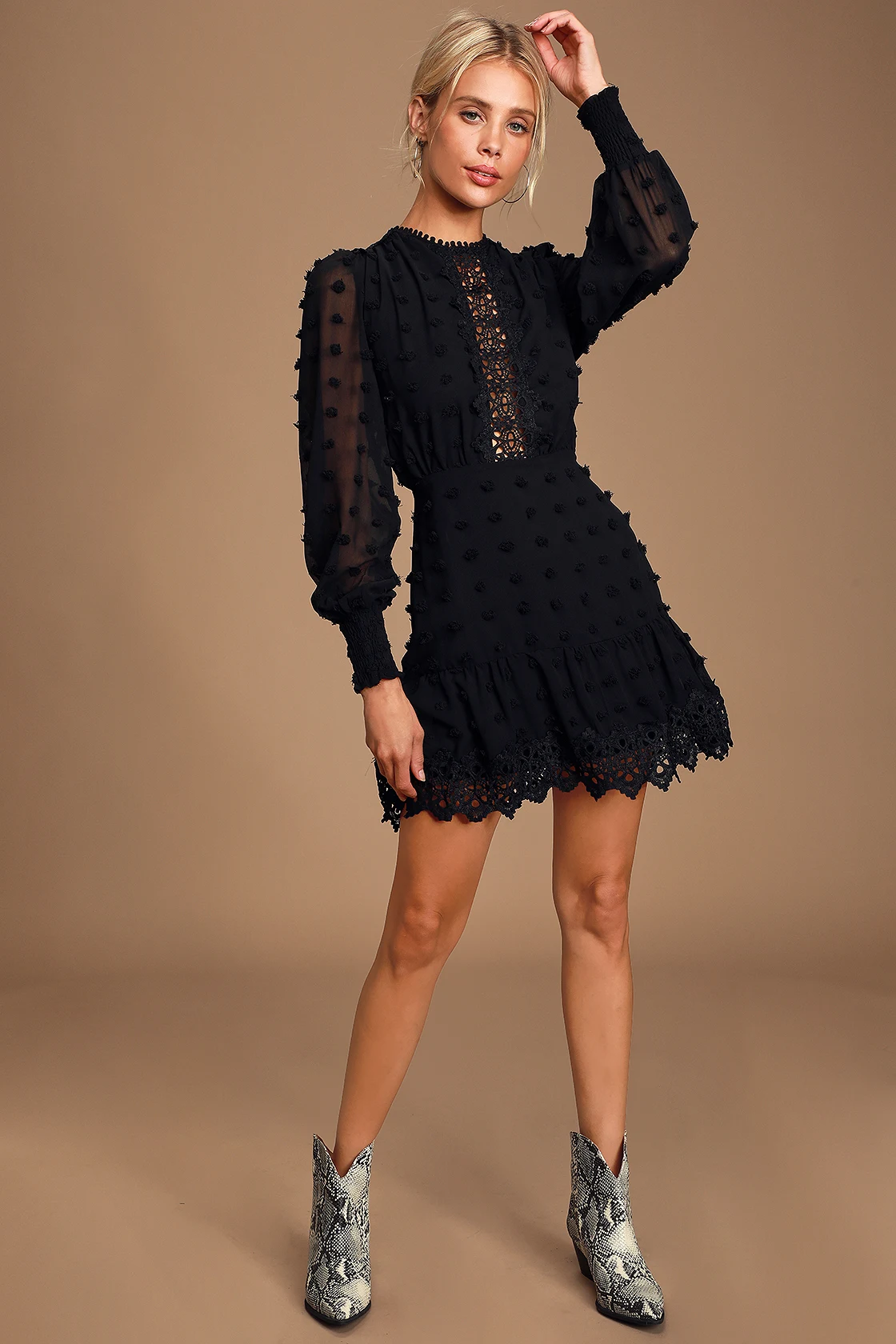 Black Embroidered Lace Long Sleeve Dress