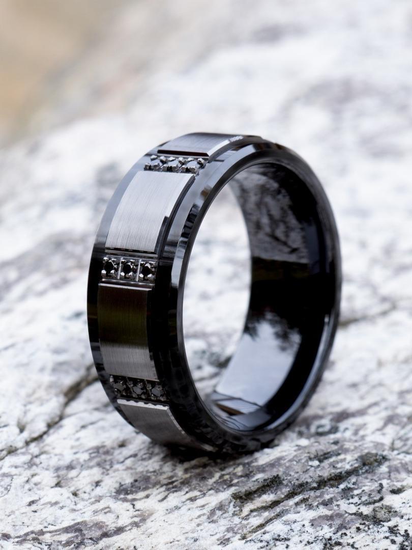 Black wedding band for men black ceramic and black gold diamonds