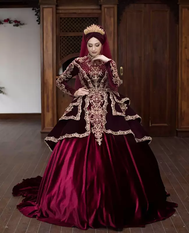 Burgundy Velvet Muslim Wedding Dresses