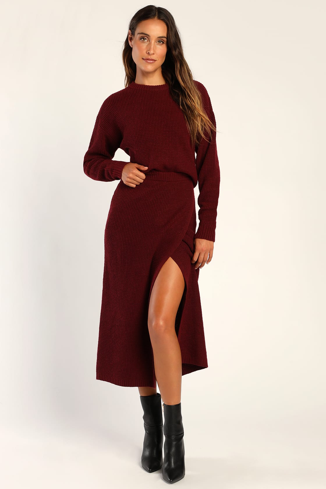 Burgundy Waffle Knit Two-Piece Sweater Dress