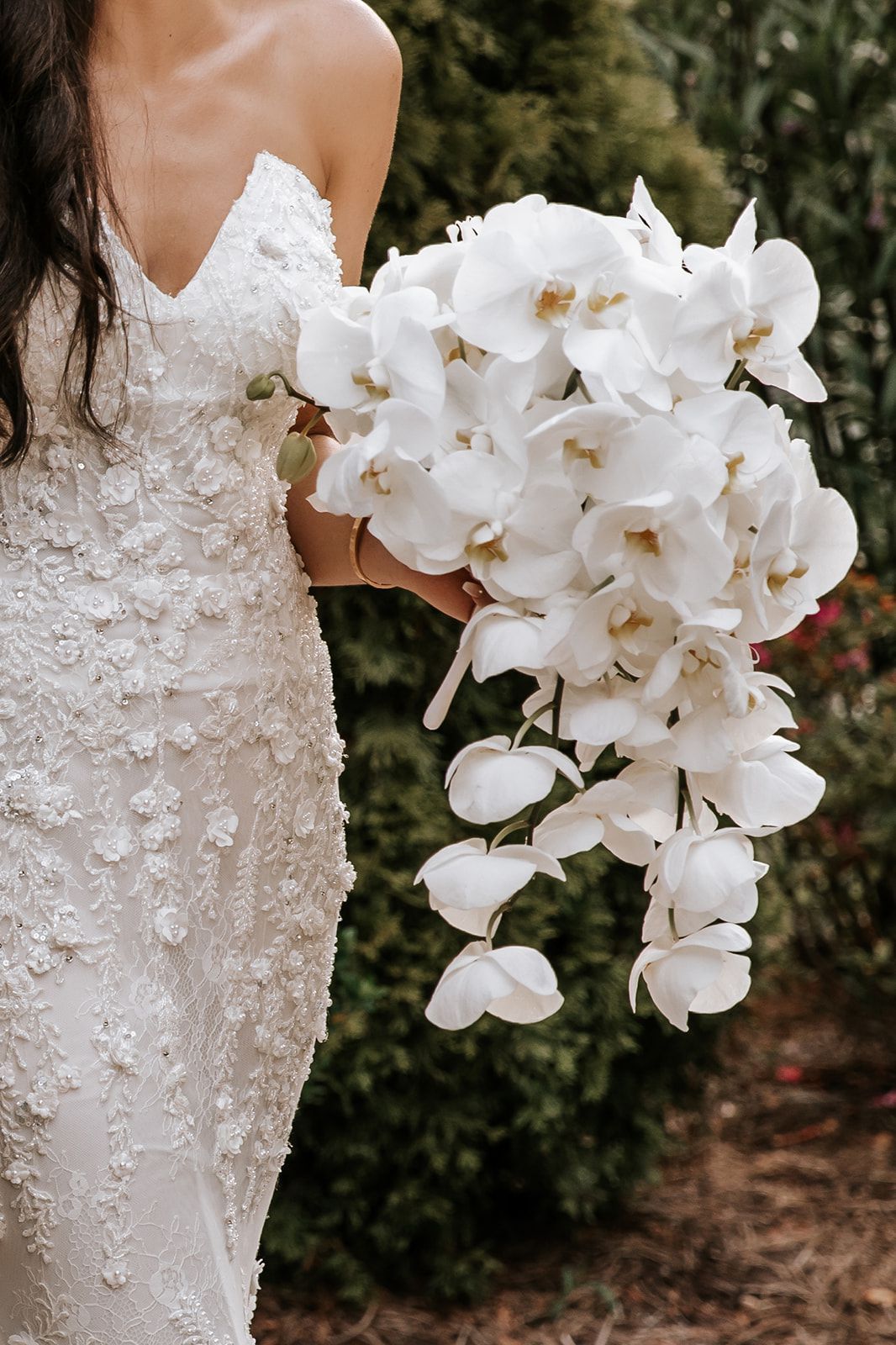 Cascading orchid wedding bouquet