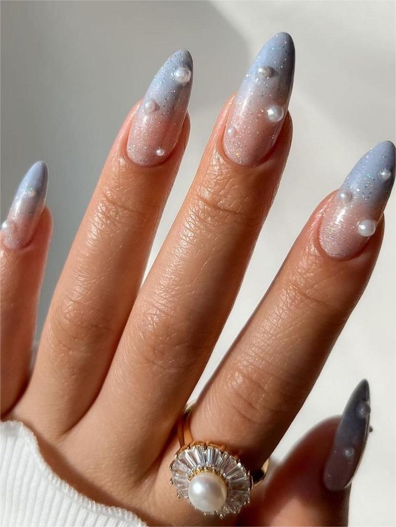 Classy Bridal Nail Art light blue pearl accents