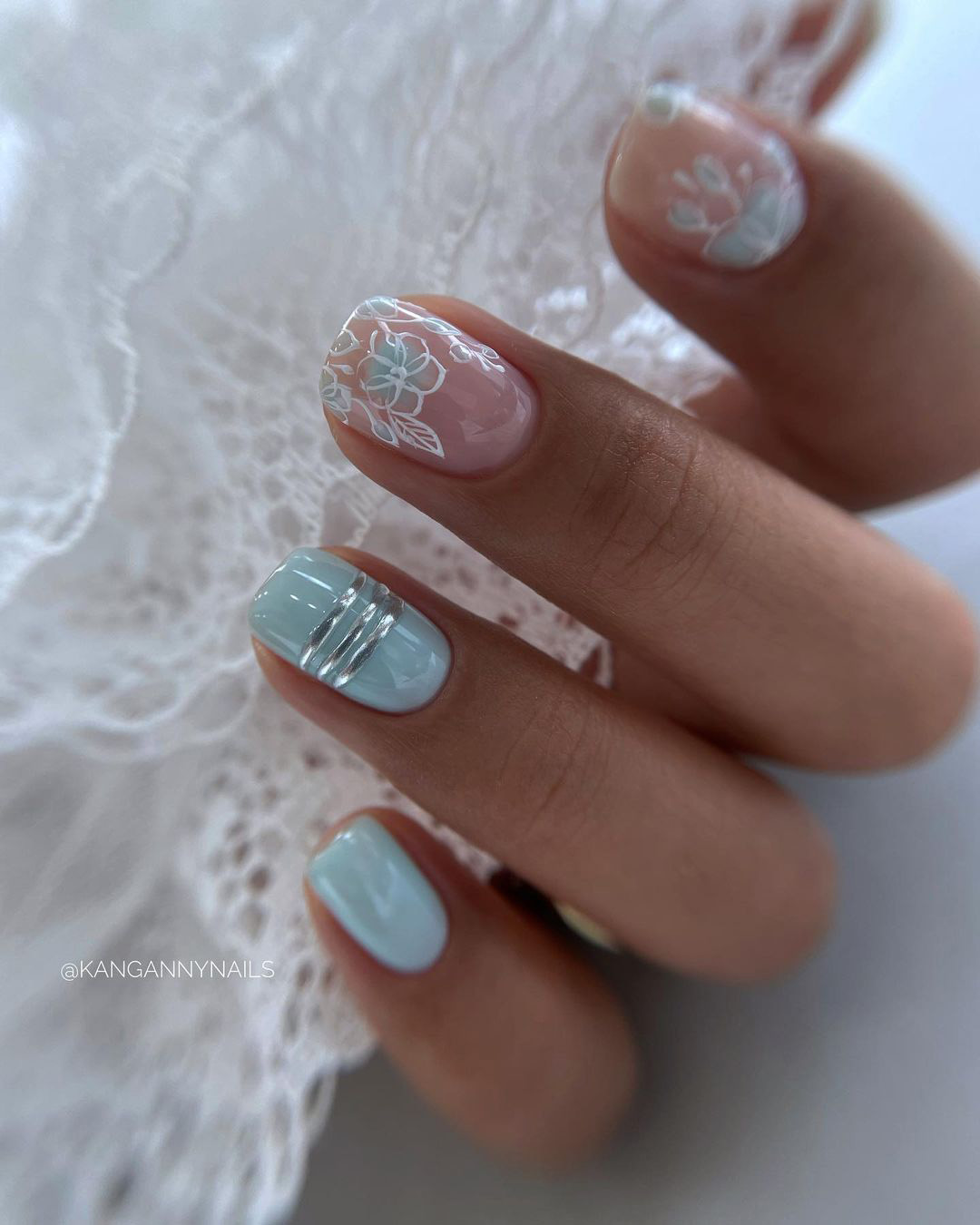 Classy Bridal Nail blue wedding nails baby blue with lace