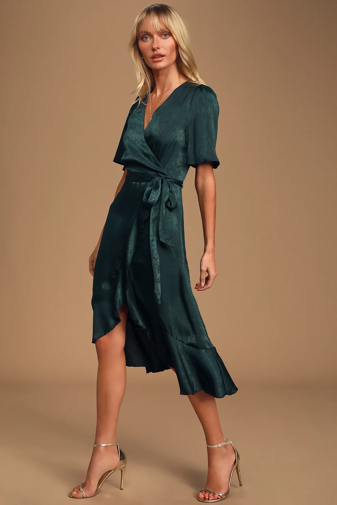 Dark Green Satin Faux-Wrap Midi Wedding Guest Dress