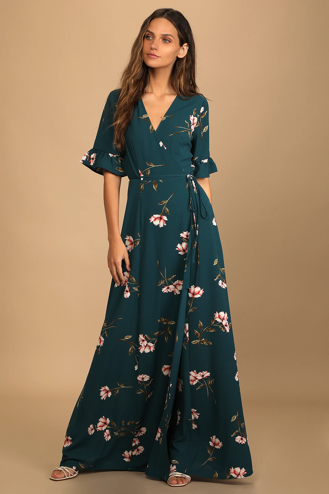 Dark Teal Floral Print Wrap Wedding Guest Dress