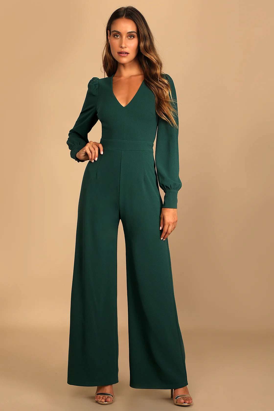 Emerald Green Long Sleeve Wide-Leg Jumpsuit