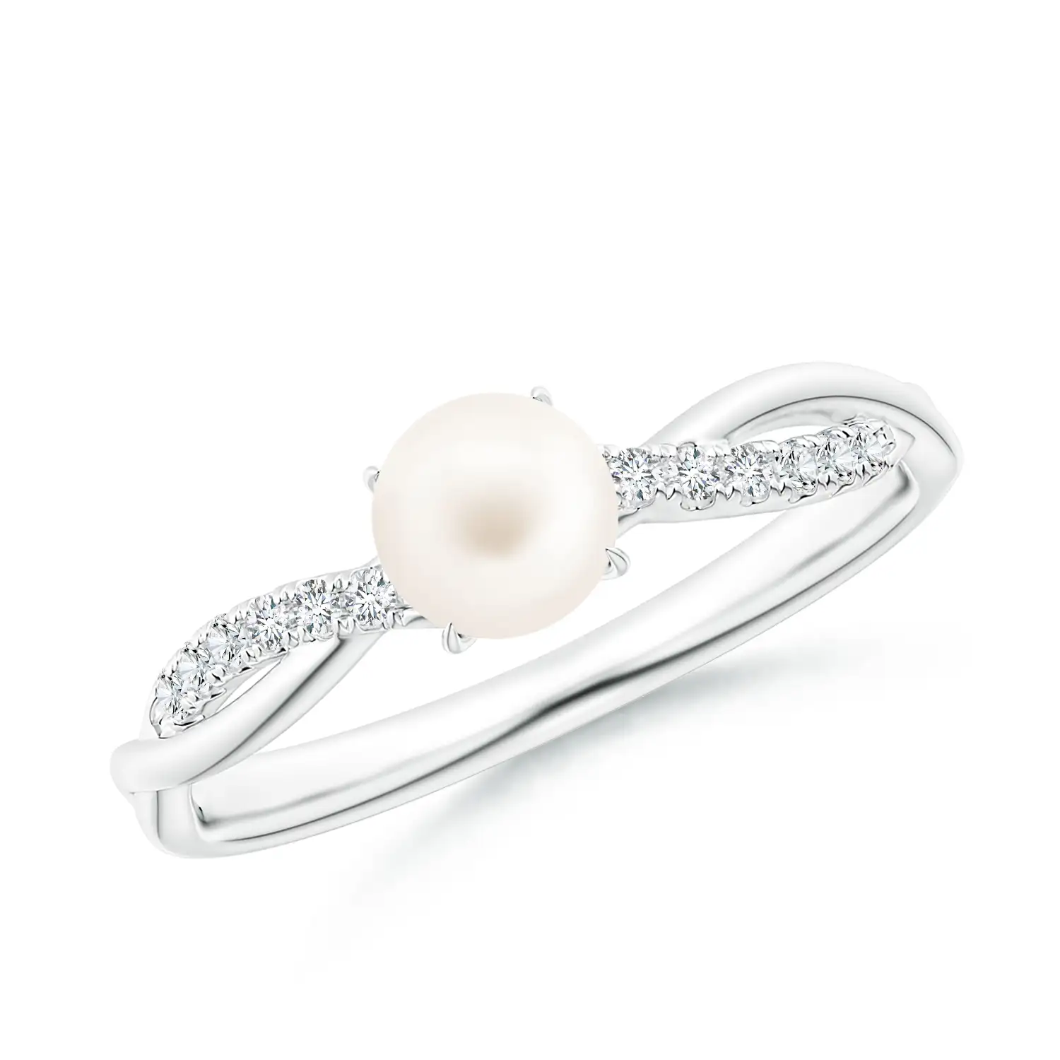 Freshwater Pearl Twist Shank White Gold Engagement Ring with Diamonds