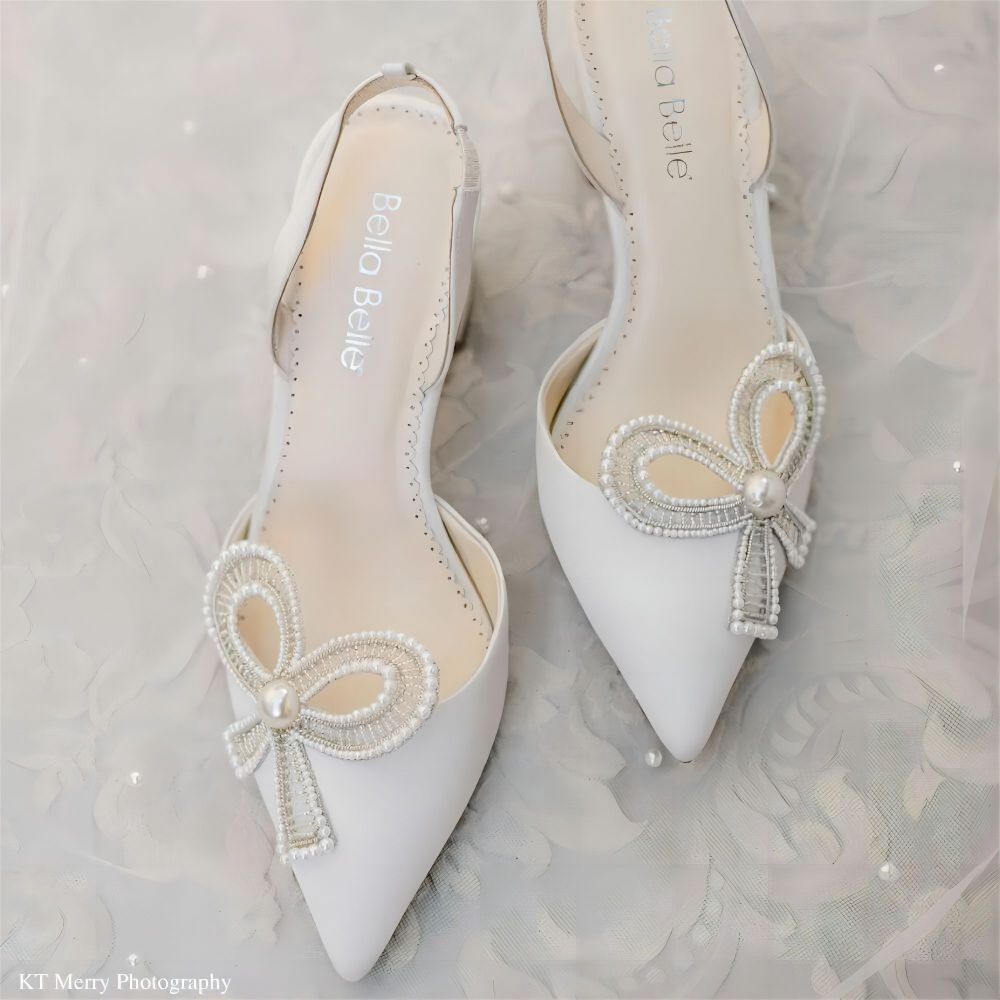 Ivory Ankle Strap Bow Block Heels Pearl Slingback Bridal Shoes