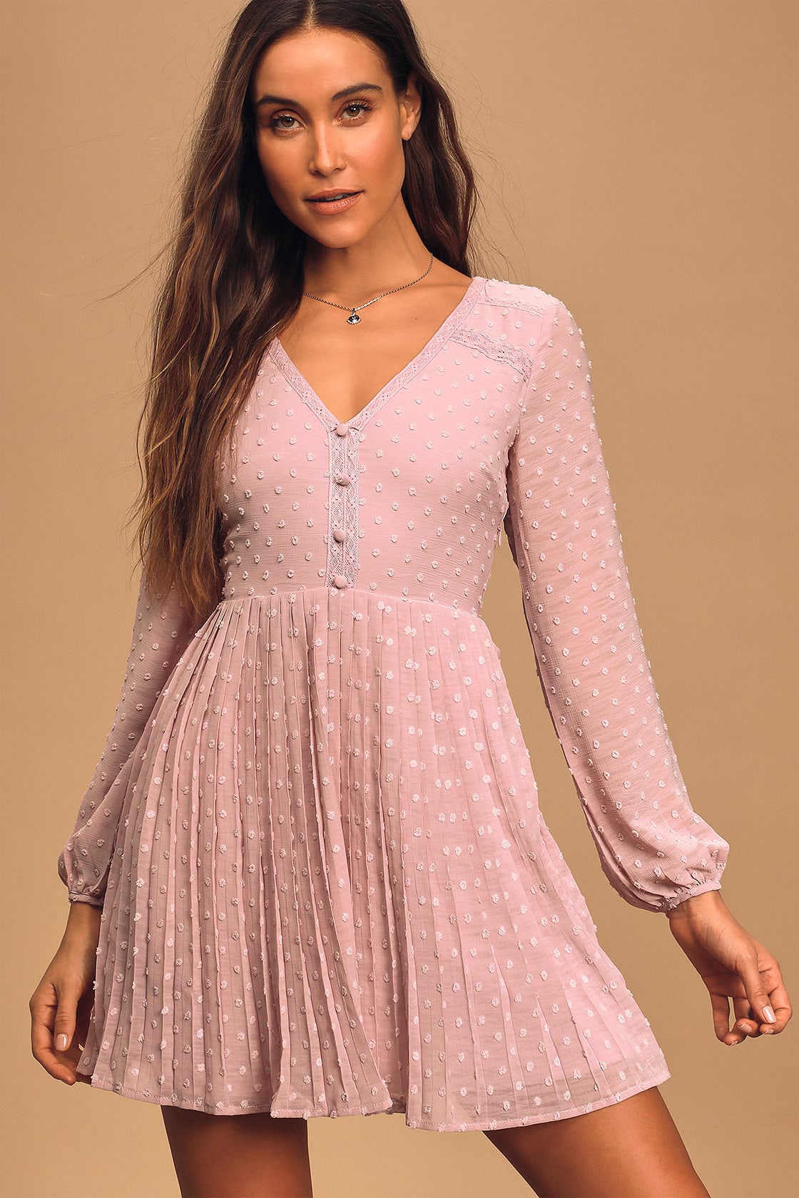 Mauve Swiss Dot Long Sleeve Pleated Mini Dress